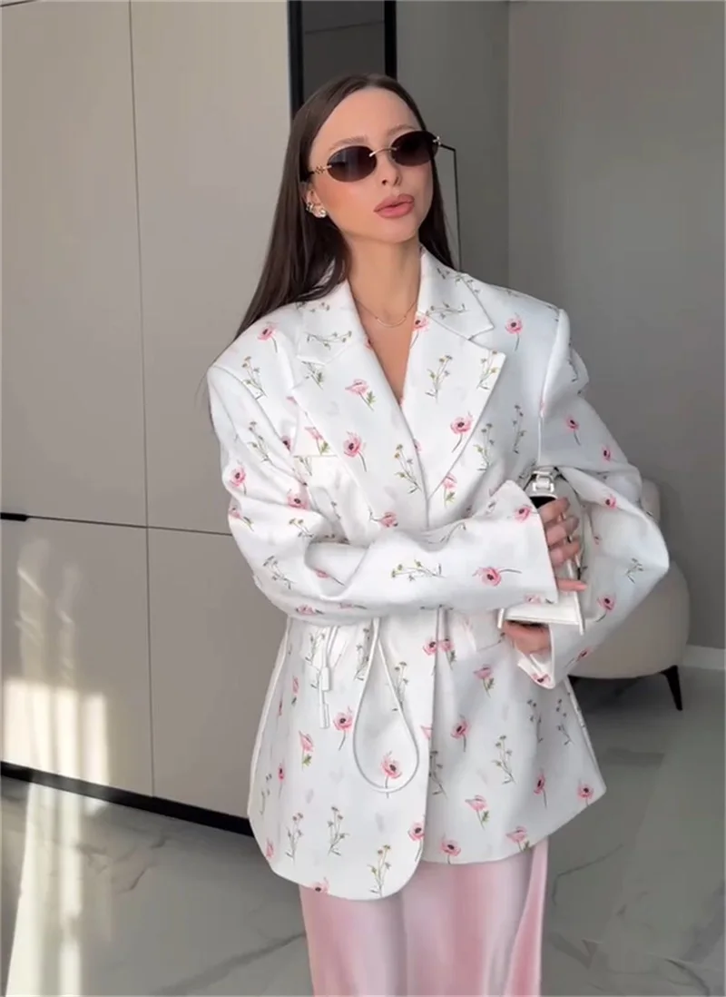 Autumn White Beige Women Suit 1 Piece Blazer With Belted Flower Full Sleeves Party Jacket Formal Wedding Guest Birthday Coat
