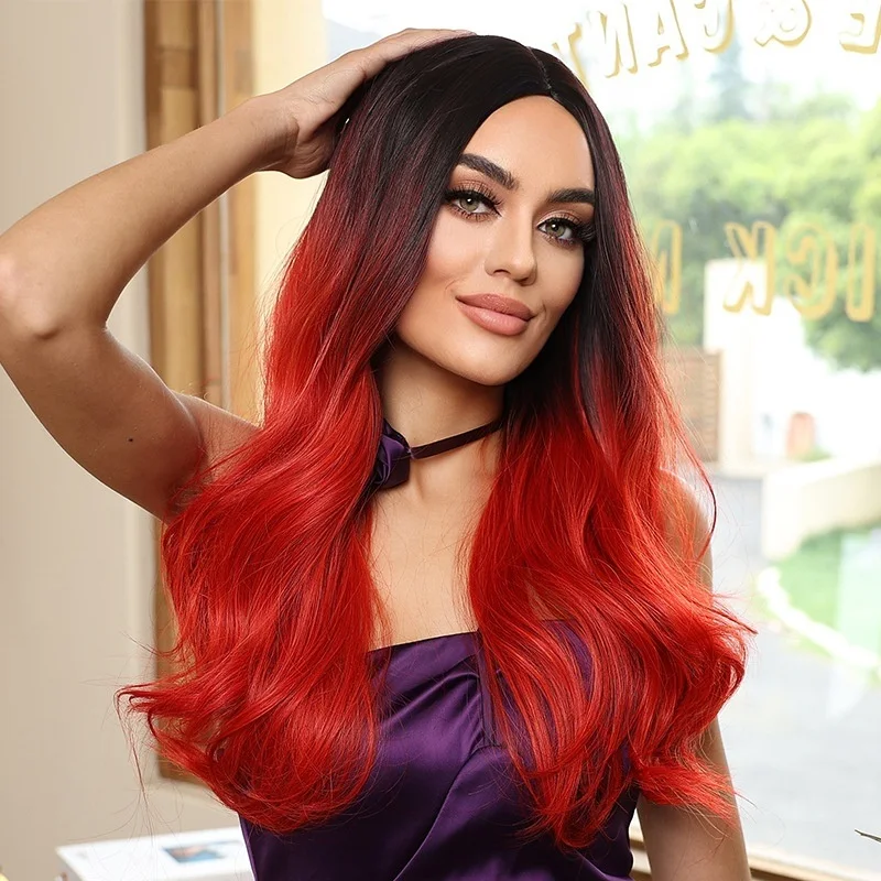 24 inch black gradient red wave synthetic wig, suitable for women's holiday gatherings and travel wear