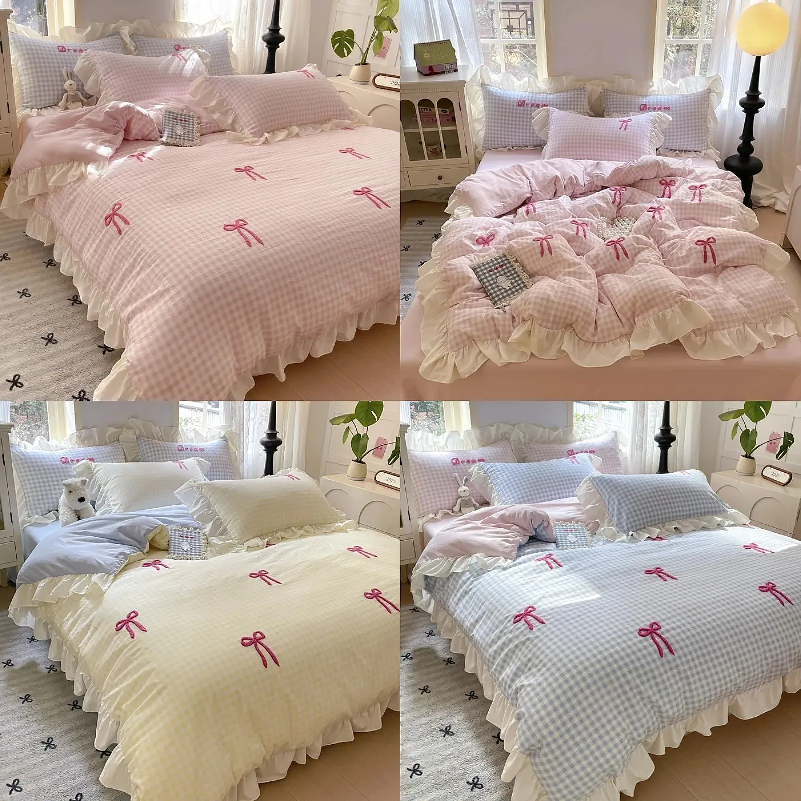 New Spring Summer Girls 4Pcs Korean Style Lace Bow Princess Washed Cotton Outfit Set Pink Heart