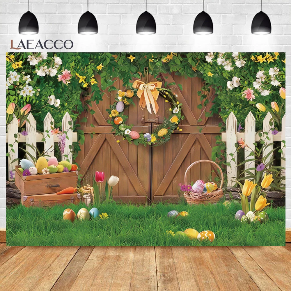 Spring Easter Rabbit Flower Eggs Wood Door Meadow Photography Background Happy Easter Party Decor Baby Portrait Photo Backdrops