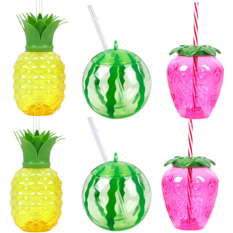 

6/8pcs Hawaiian Pineapple/Strawberry/Watermelon Shaped Drink Cups with Straws Summer Beach Pool Party Decor Birthday Supplies