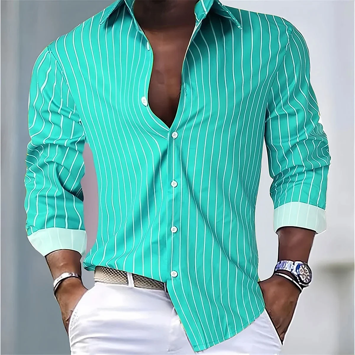 2025 Camisa elegante de moda para hombre, camisa clásica de manga larga con botones y solapa estampada en 3D, ropa de fiesta con temperamento para hombre
