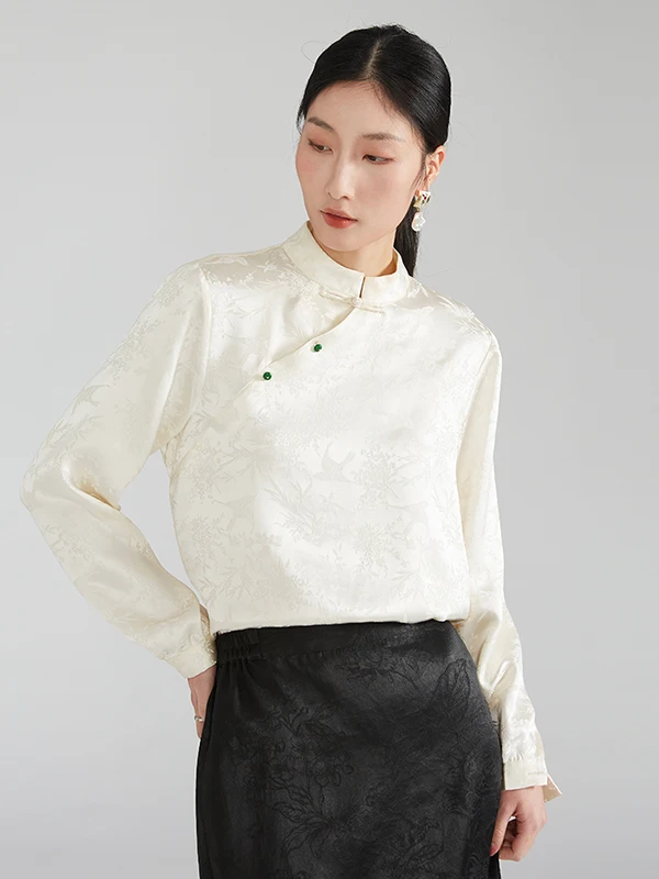 

New Chinese Sle Women's Silk irt 00% Silk Base Layer Heavyweight Long Sve Stand Collar Straight Cut Top