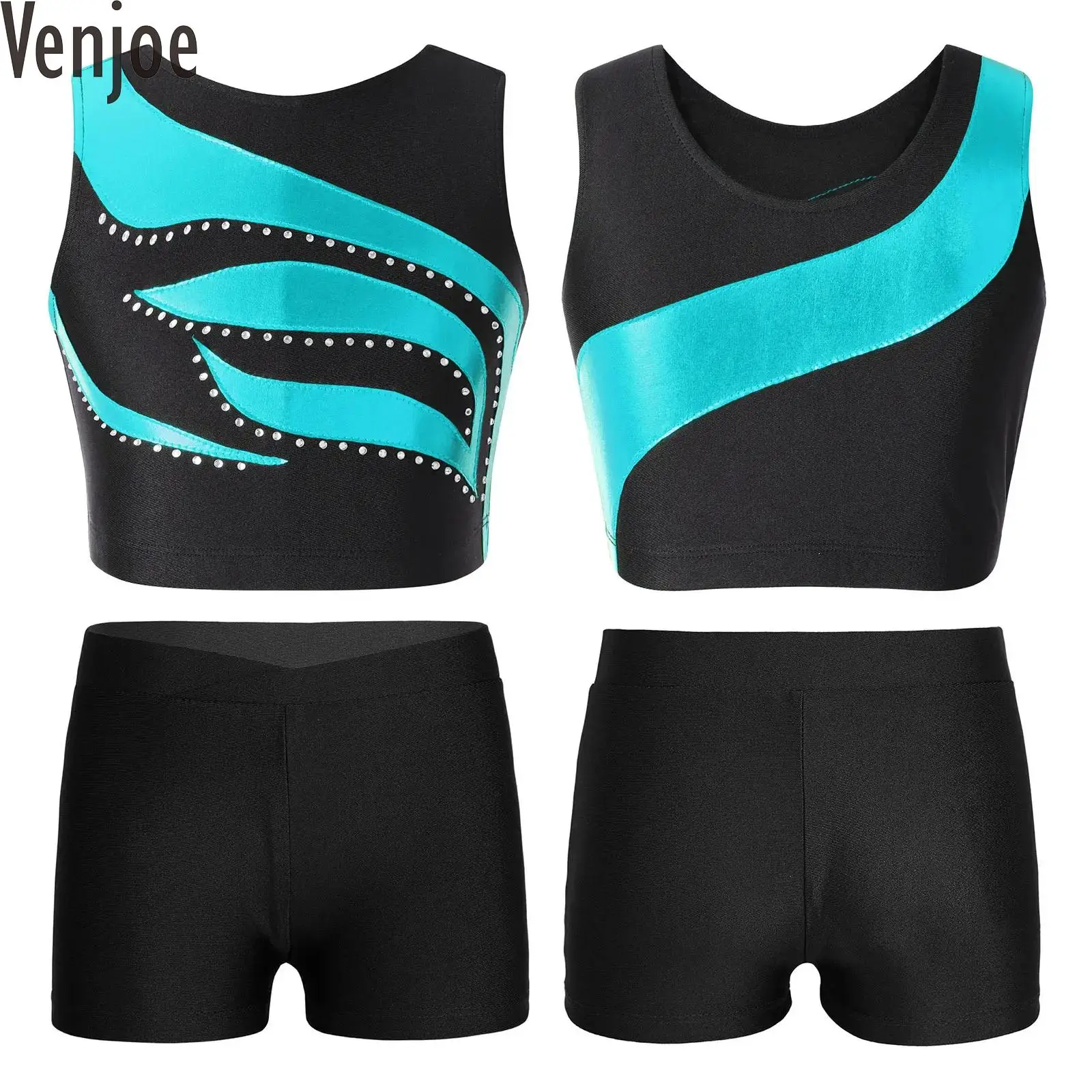 Kids Girls Sleeveless Tracksuit Round Neck Shiny Rhinestones Crop Top with Shorts Gymnastic Leotard Sports Outfits Workout Suit