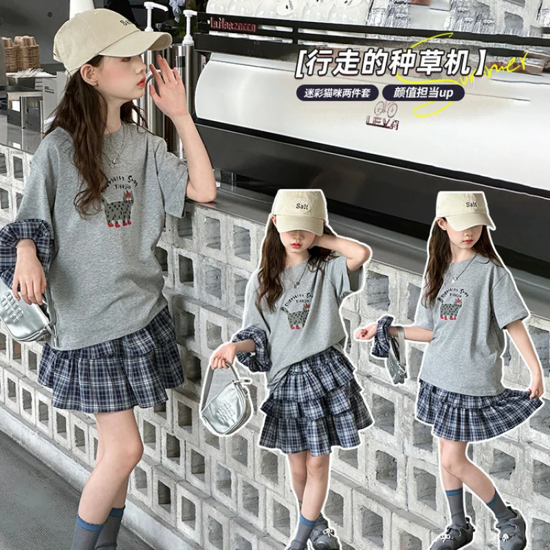 

Juxiong Children's Clothing2026Summer new fashion girls' outfit with letter and cat print top and plaid cake skirt set