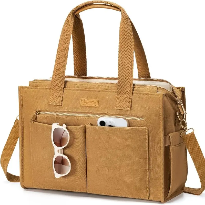 

Canvas Tote Bag for Women, 15-Pocket Large Crossbody Handbag Bible Laptop Bag Zipper Bookbag for Teacher Work Travel College