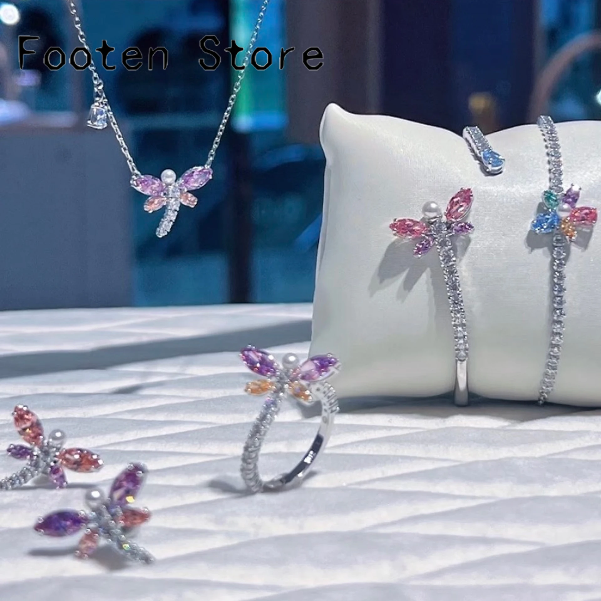 2026 Exquisite Luxury Party Jewelry Set Charming Purple Dragonfly Crystal Fashion Necklace Bracelet Ring Earring Gift for Ladies