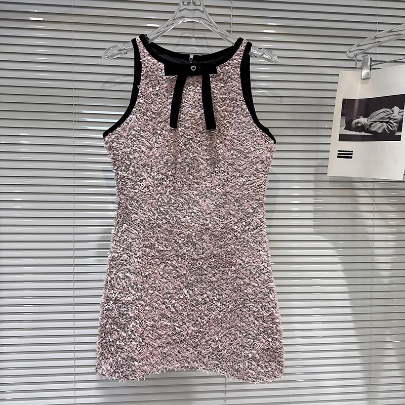 Spring Autumn Fashion Bow Decoration Tweed Dress Female Lace Up Sleeveless Zipper Slim A-line Mini Dress for Women