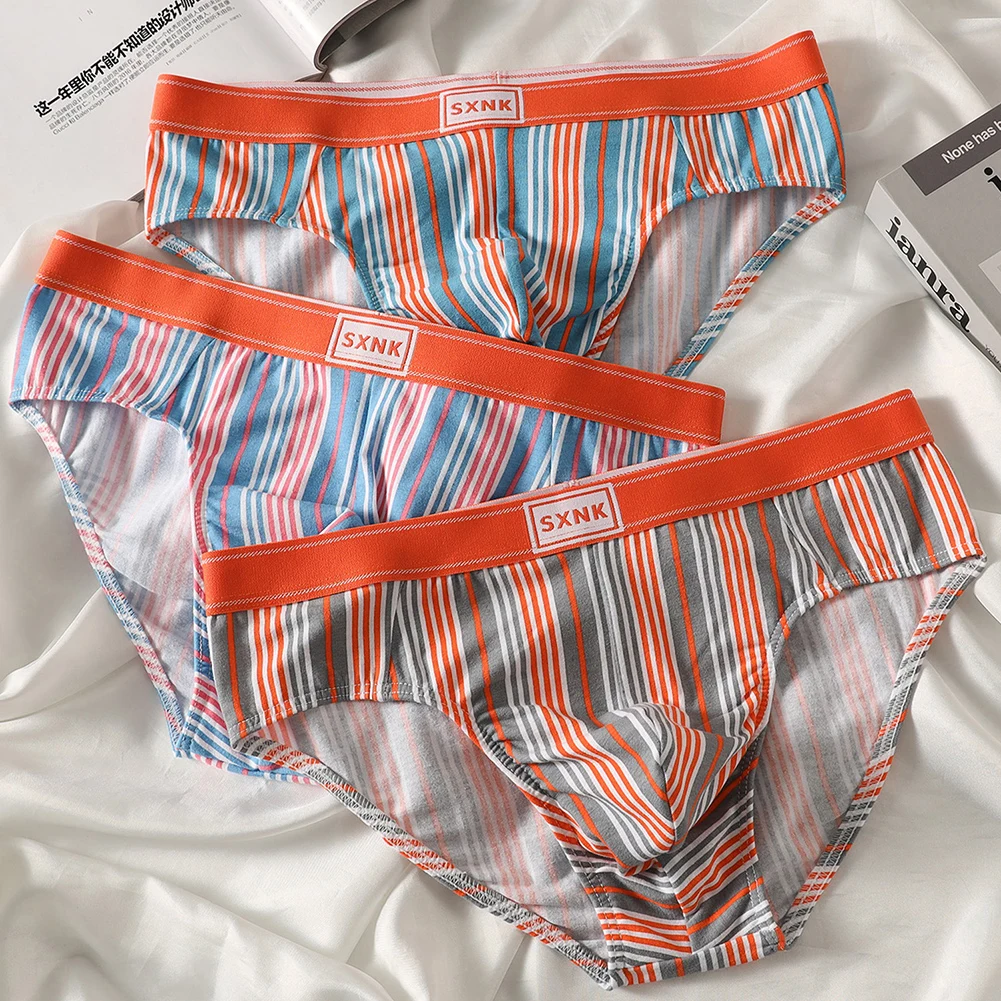 

Men Striped Underwear Mid Rise Simple Youth Briefs Bulge Pouch Panties Sleepwear Boys' Sports Summer Thin Shorts