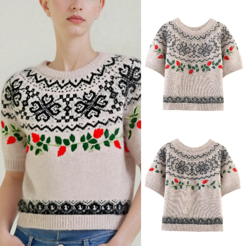 

Women's Sexy Jacquard Embroidered Short-Sleeve Knit Top Trendy Fashion Fall 2025