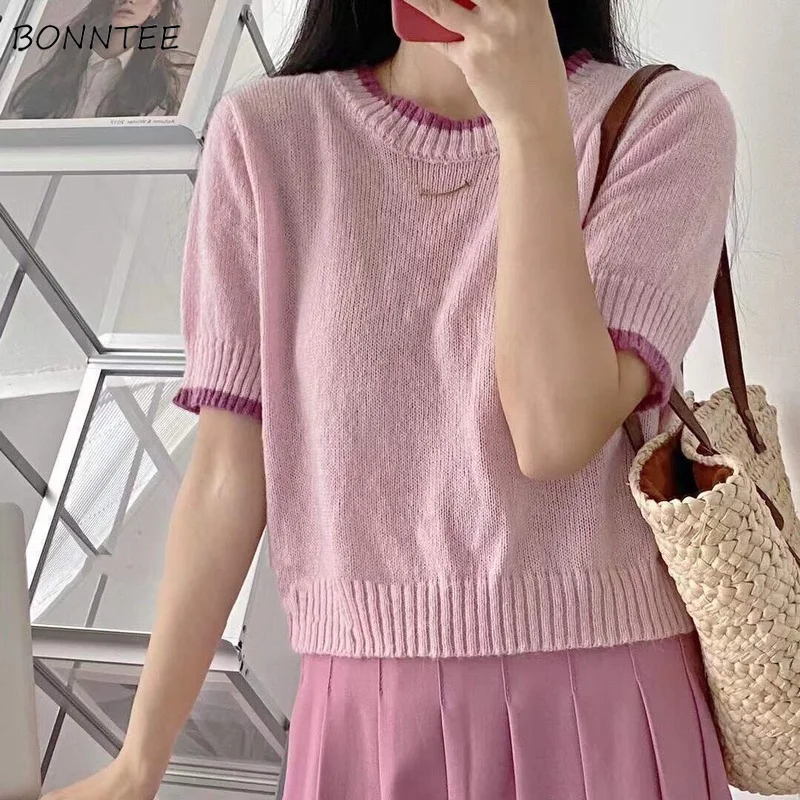 

Pullovers Short Sleeve Women Fashion Chic Ulzzang Sweet Patchwork Elegant Thin Summer All-match Lovely Streetwear Female Retro