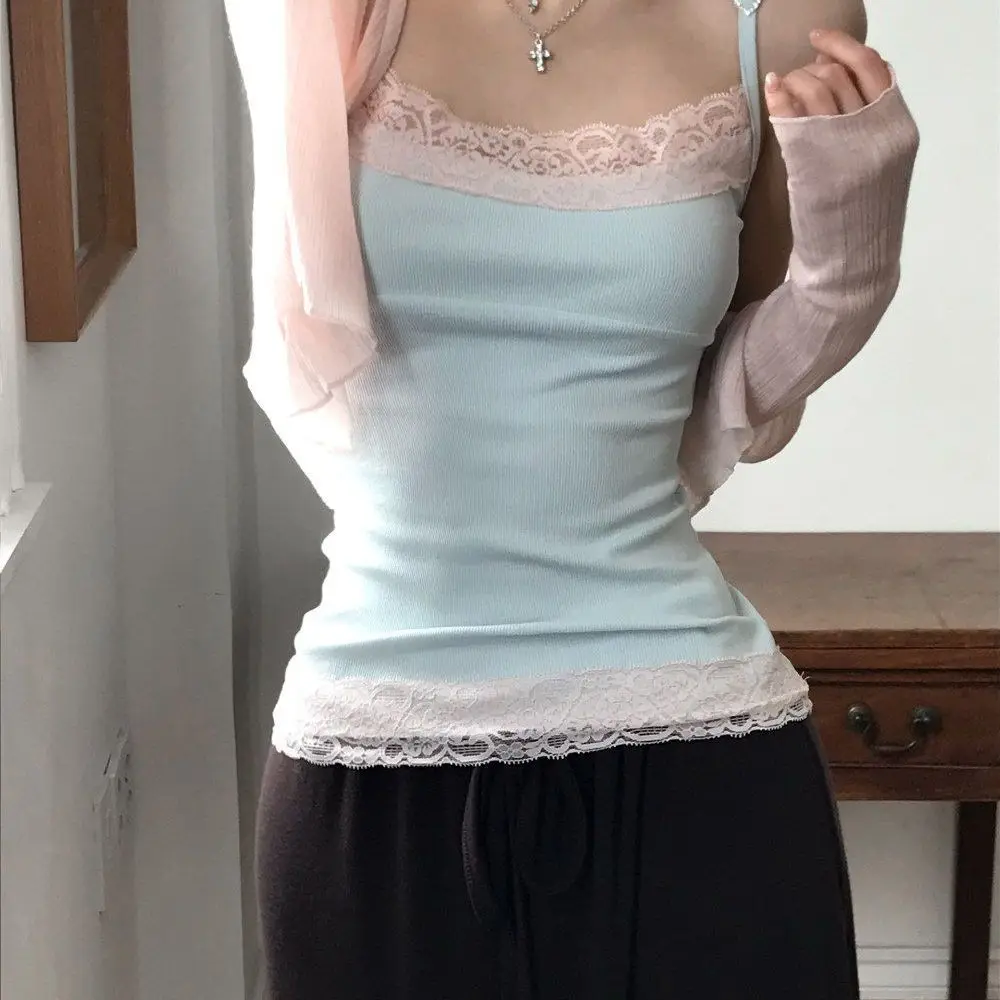 Korean Style Spicy Girl Pure Summer Tank Top New Lace Sweet  Trim Color-blocking Heart Camisole Design Women's Chic Crop Top Ins
