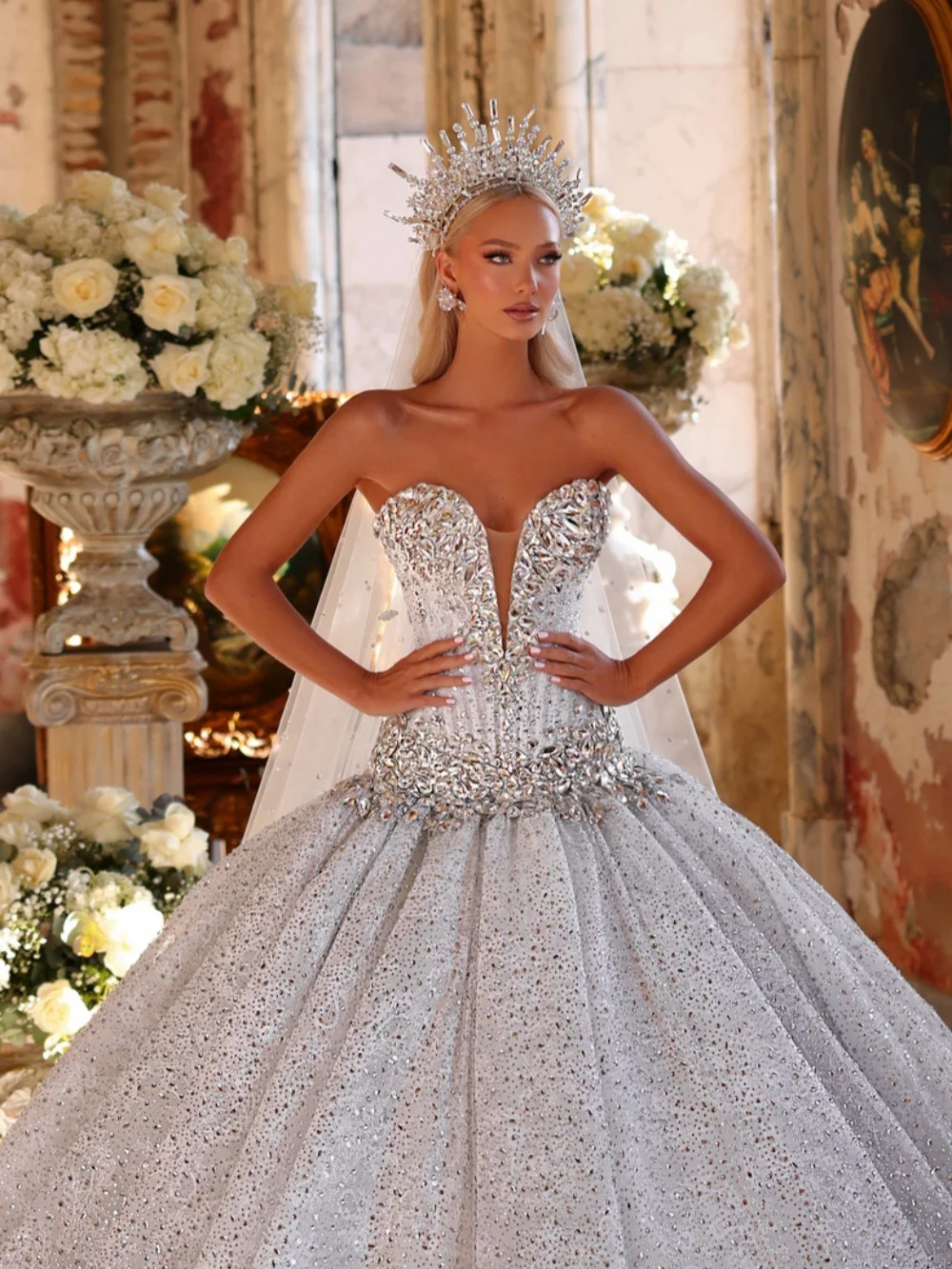 Glamorous Silver Crystal Wedding Dress With Cape Dreamy Mermaid Long Bridal Gown 2026 Customized Deep V-neck Dresses For Bride