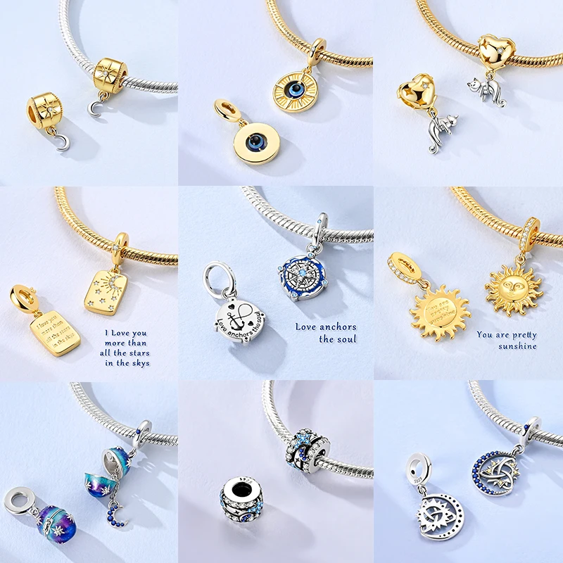 925 Sterling Silber Sonne Sternenhimmel Charms Serie Gold Sonne Sterne Mond Anhänger Passend für Armband DIY Schmuck Original Mode für Frauen – Detail 2