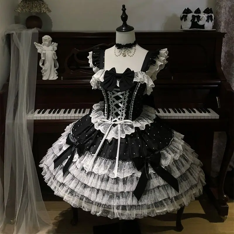 Japanisches Lolita Kawaii Minikleid, schwarz gepunktet, mit Schnürung, mehrfach geschichteter Satinschleife, weißer Spitzensaum, Partykleid, Harajuku JKS, neu
