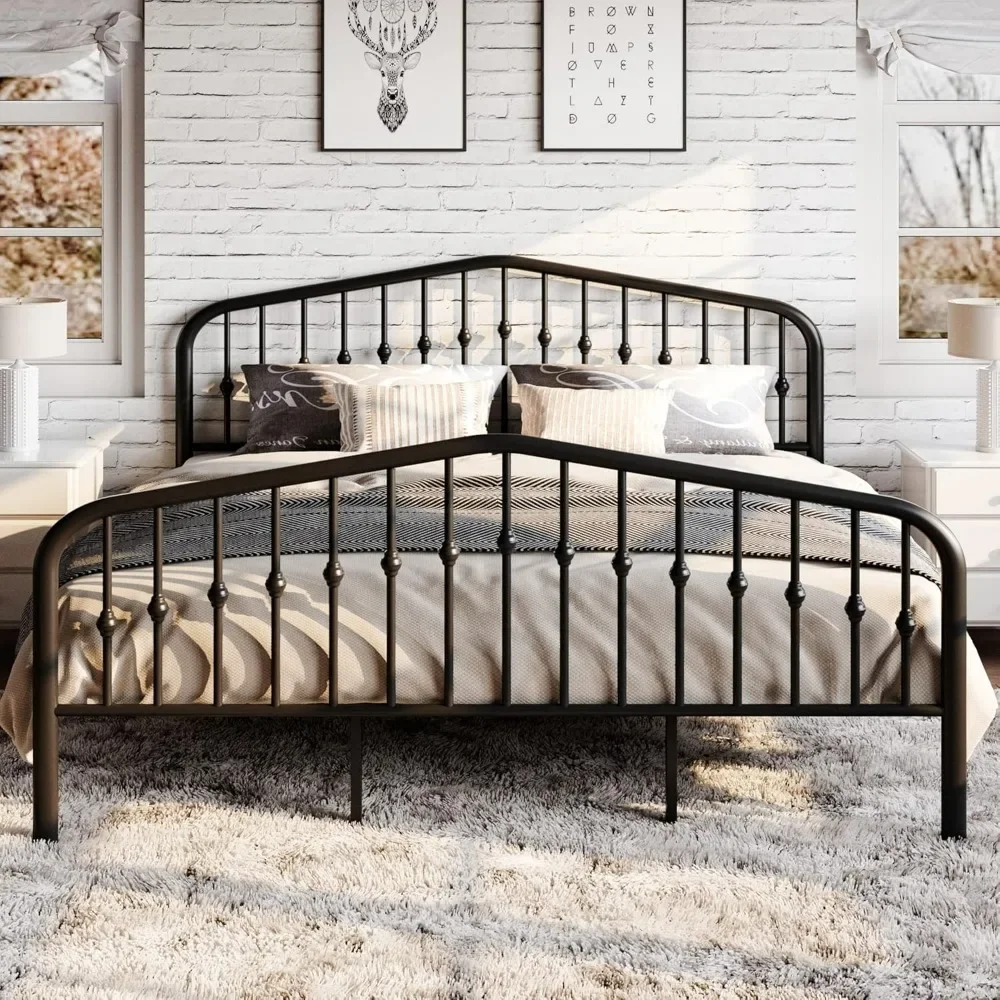 King Size Metal Platform Bed Frame with Victorian Style Wrought Iron-Art Headboard/Footboard, No Box Spring Required