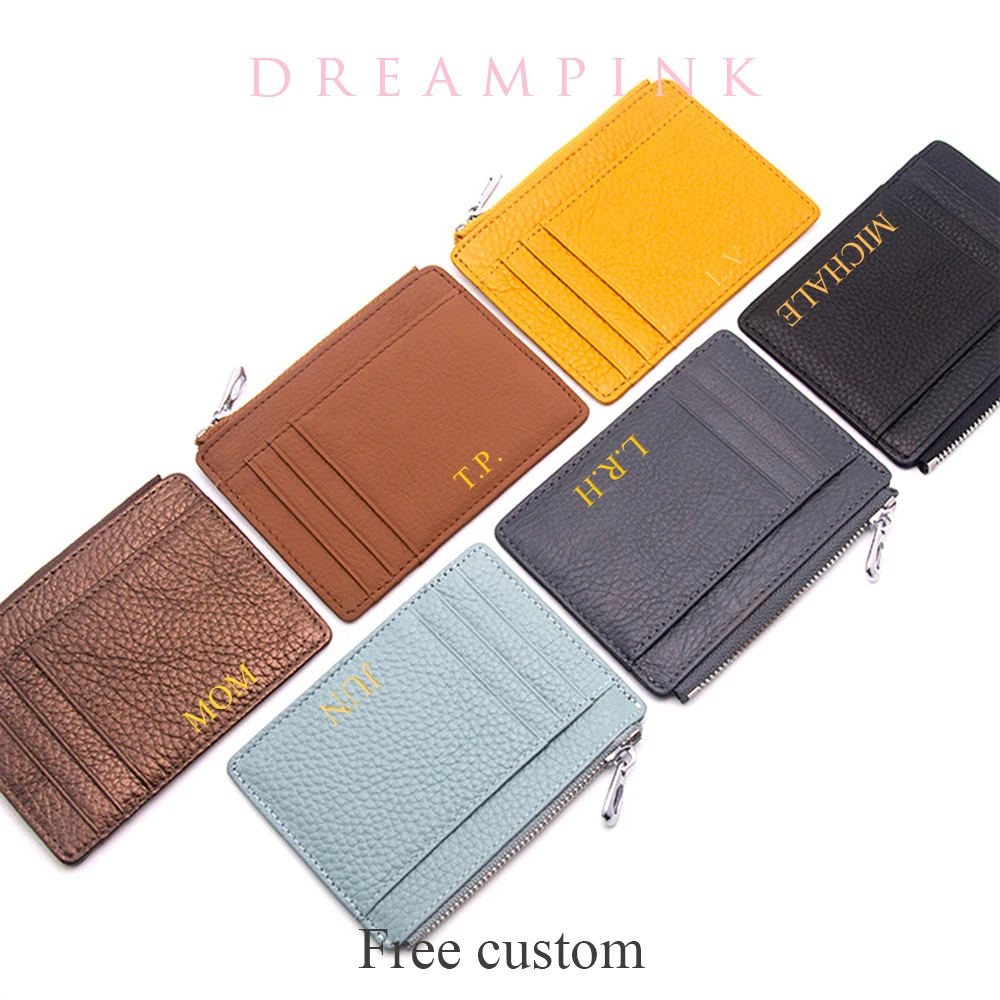 Genuine Leather Slim Zip Card Holder Custom Name Solid Cowhide Women Men Mini Wallet Personalize Letters DIY Gift Coin Purse