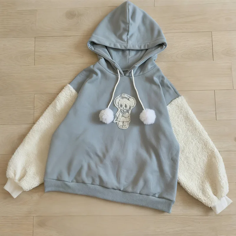 Outono preppy menina harajuku kawaii hoodies dos desenhos animados cães apliques moletom com capuz retalhos velo mangas caídas pullovers