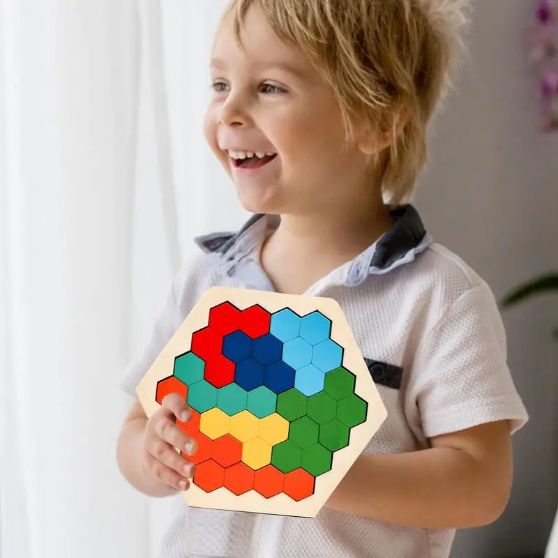 Wooden Hexagon Puzzle Honeycomb Jigsaw Puzzle Brain Teasers Color Engaging Logic Puzzles Colorful Kindergarten Toys For All Age