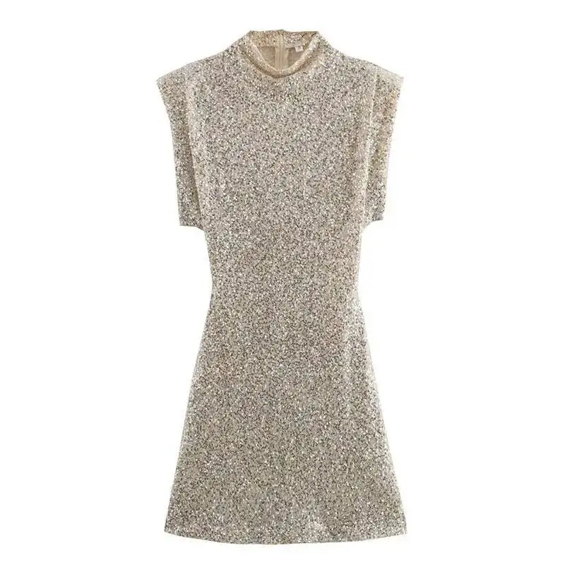 Glitter lantejoulas vestidos de festa moda feminina ombro almofada voar manga brilhante curto escondido zíper cintura alta mini vestido