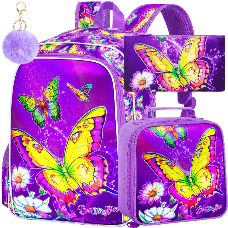 

3Pcs Butterfly Backpack for Girls, 16" Kids Bookbag with Lunch Box，School Backpacks for Elementary Preschool Kindergarten