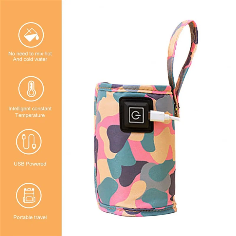 Universal USB Milk Water Warmer Travel Stroller Insulated Bag Portable Baby Nursing Bottle Heater Camouflage Grey-White