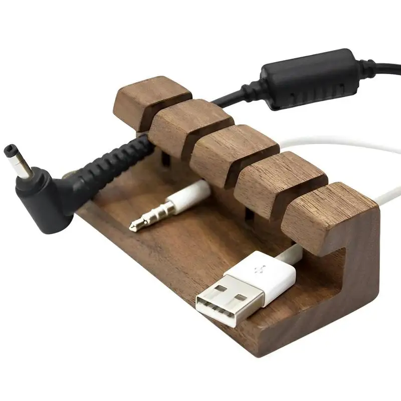 Cable Organizer Wooden USB Winder Desktop Tidy Management Wire Clips Holder 4 Holes For Mousee Keyboards Earphones Headset