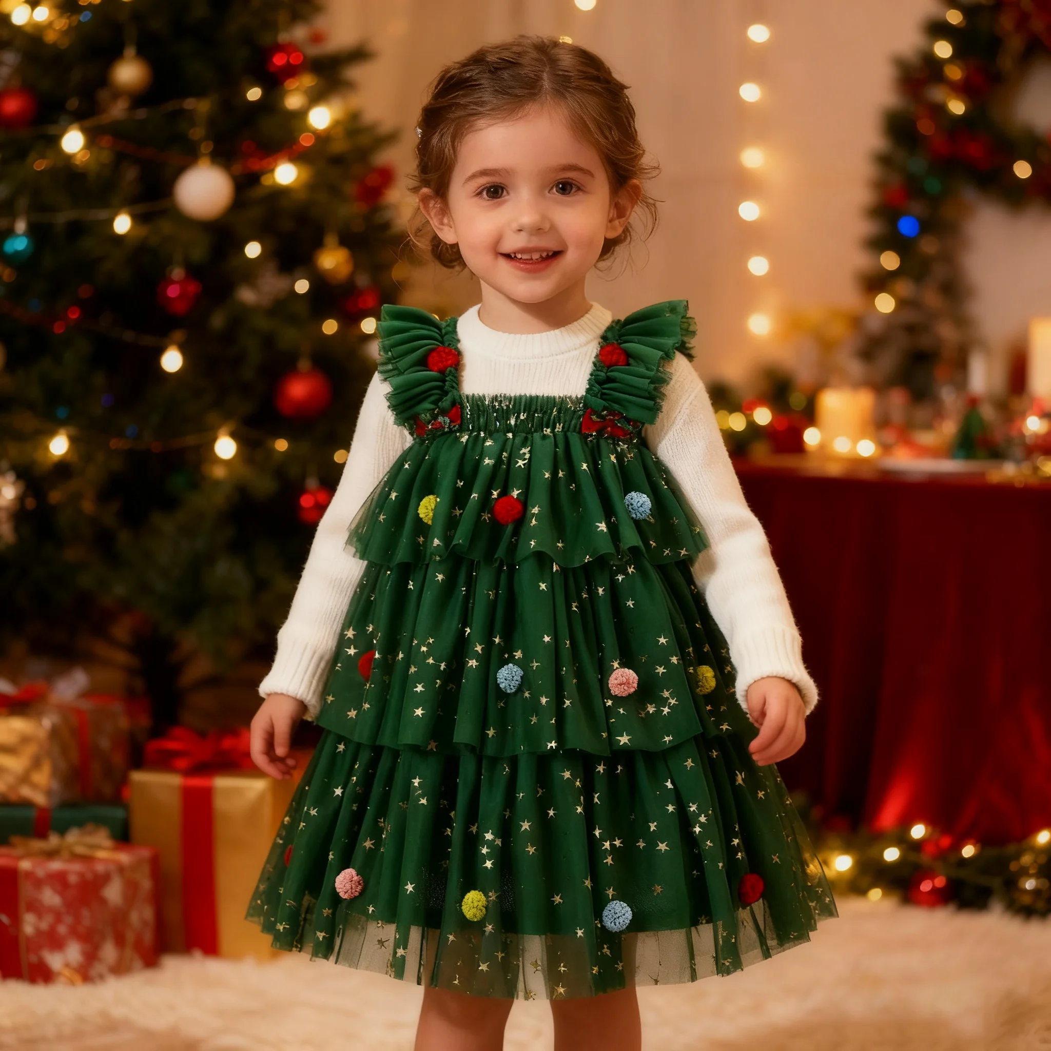 2025 Green Princess Ball Gown Little Girls Christmas/Valentines Dress Strap Star Lace Layered Tulle Sundress Girls Newyears Dres