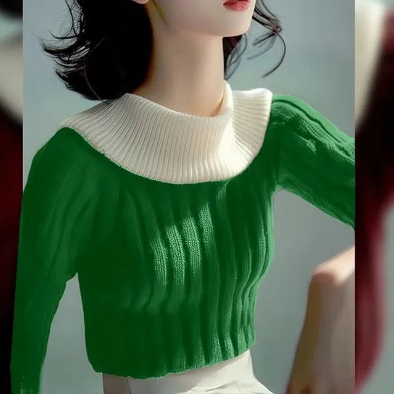 Women\'s Clothing Peter Pan Collar Long Sleeve Contrast Color Screw Thread Sweater Knitted Pullover Casual Autumn Winter Tops