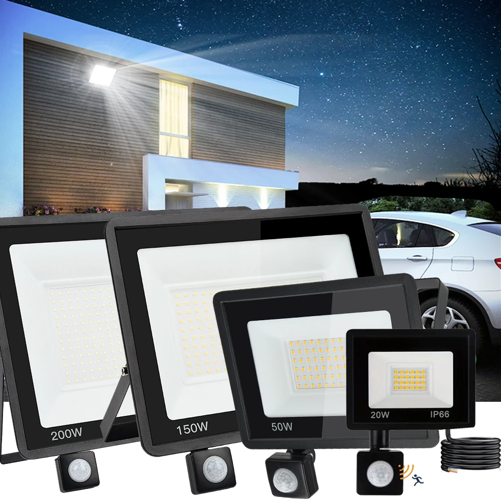 200W 50W/20W LED projecteur AC220V PIR capteur de mouvement lumière IP65 LED étanche blanc froid applique extérieure projecteur rue