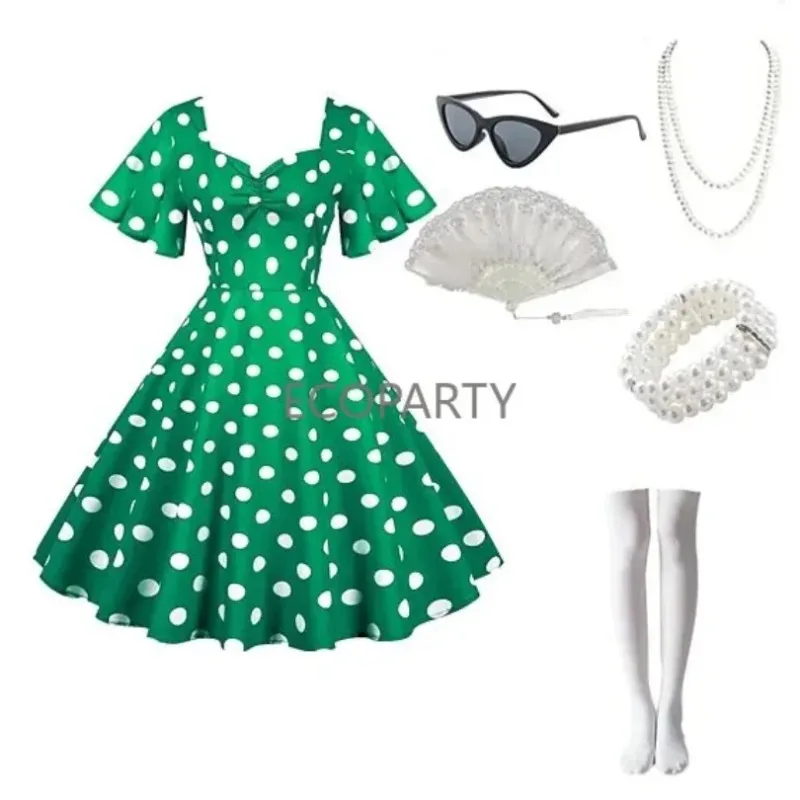 

Women Summer Polka Dot Vintage Dress Fashion Party Lady 50s 60s Rockabilly Big Swing Halter Clothes Six Piece Set of Accessories