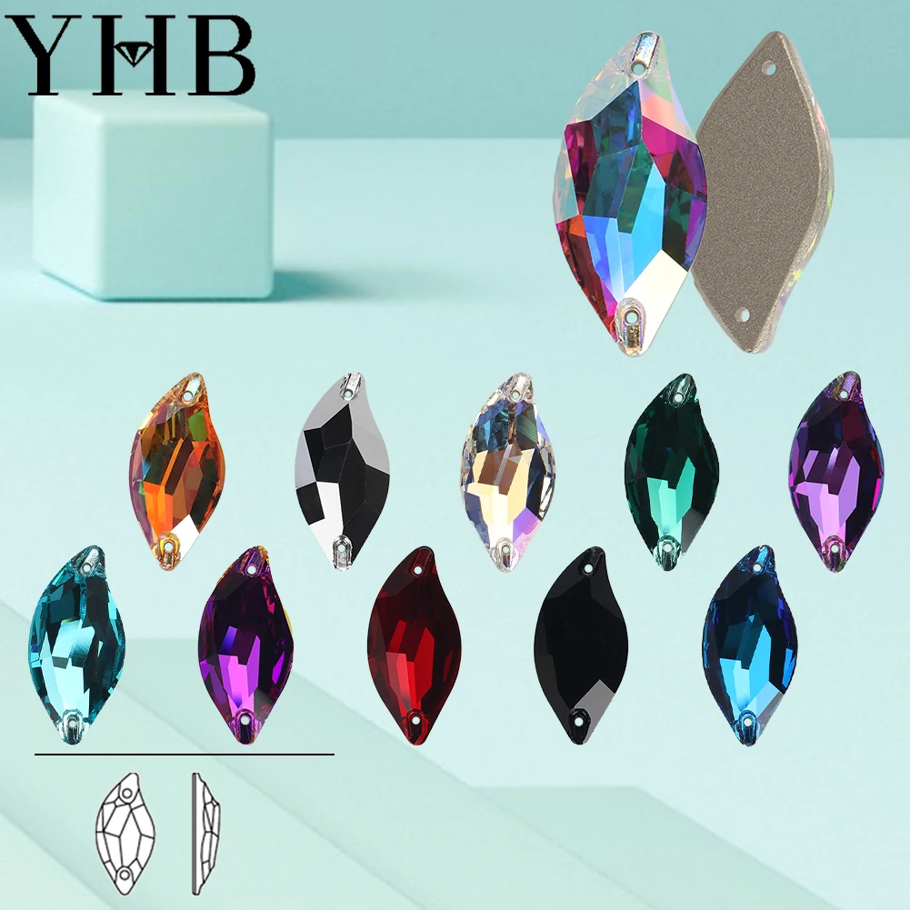 YHB Diamante Foglia di Vetro Cristallo AB Pietre da Cucire Flatback Cucire su Strass Per Indumento Vestiti Borse 10*20mm 14*30mm