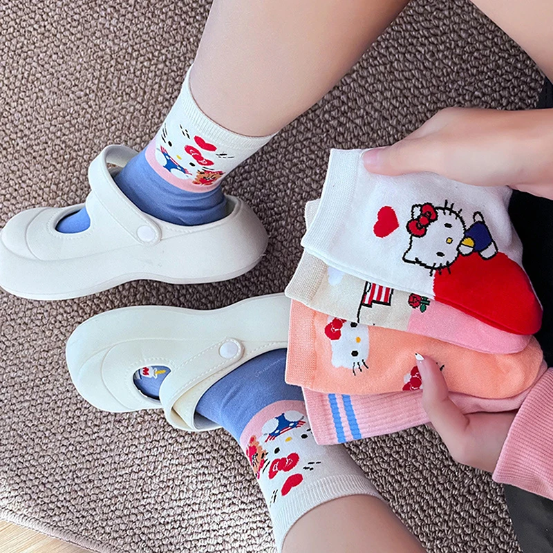 Sanrio Hello Kitty Cute Cartoon Mid Tube Socks Spring Summer Anime Style New Cotton Socks Sweet Soft Y2k Girl Student Thin Socks