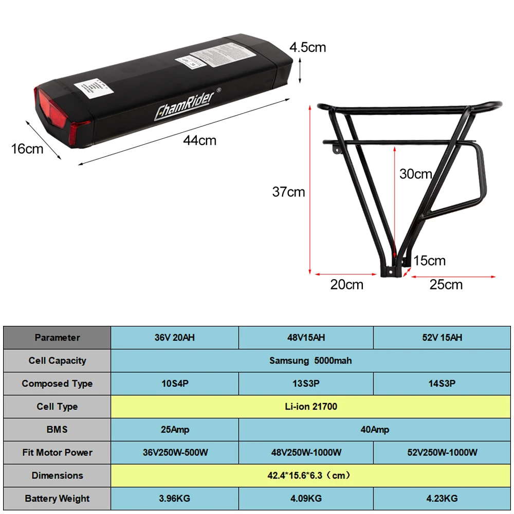 Ebike Rear Rack Trunk Battery 36V Double Layer,Electric Bike Battery 48V Luggage Carrier,Bafang, 20AH, 52V, 15AH, 350W, 750W