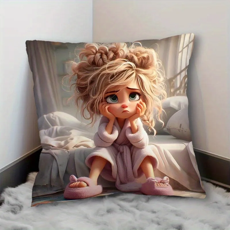 1pc Daydreaming Girl in Pajamas Themed Printed Throw Pillow Cover, Suitable for Sofa, Bedroom, Living Room, Kids Room,