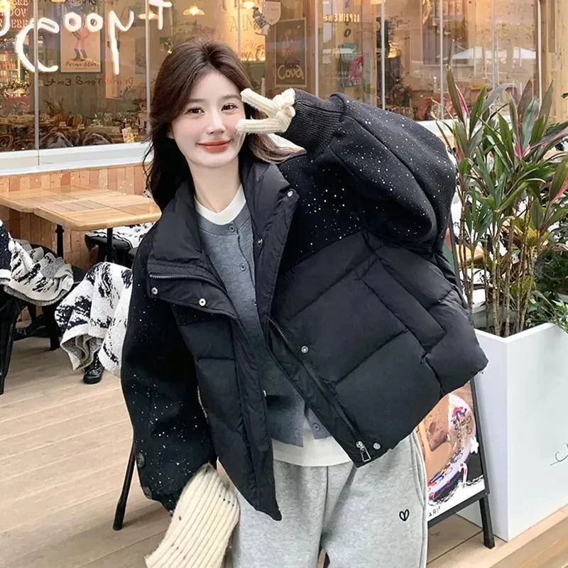 2025 Fashion Spliced Contrast Color Sequins Parkas Women's Winter Woolen Patchwork Cotton-padded Jackets Stand-up Collar Coats