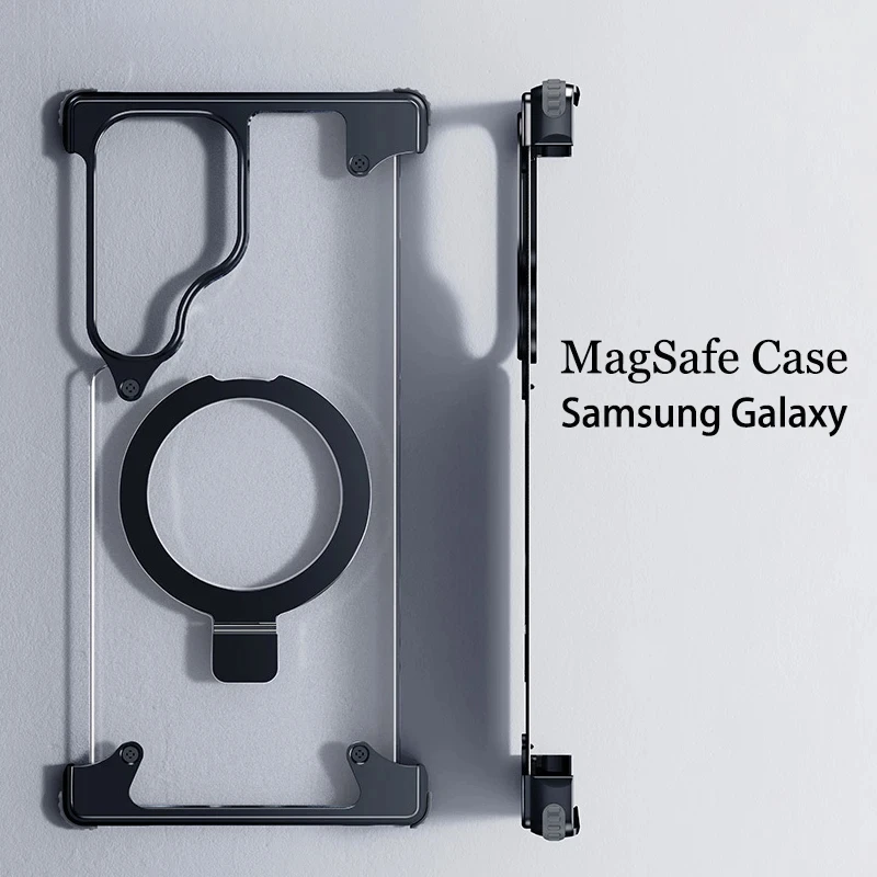 Magnetic Magsafe Aluminum Stand Framless Phone Case For Samsung S23 S24 Ultra Plus Metal Shell Frosted Matte Back Cover Funda