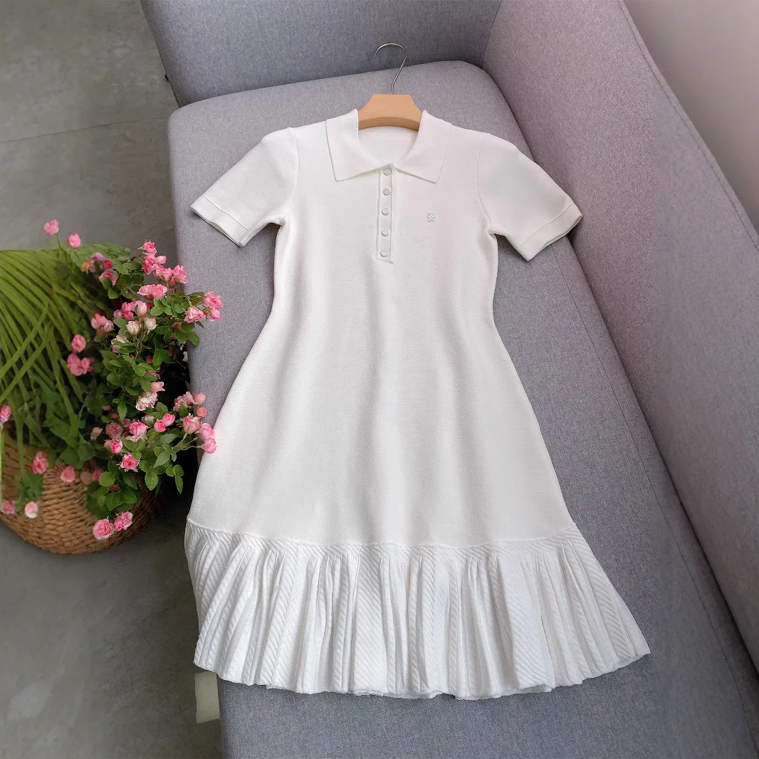 

White French POLO Collar Dress with Slim Short Sleeves Pleated Knitted Simple Casual Style 2025 Summer MA Brand New Model