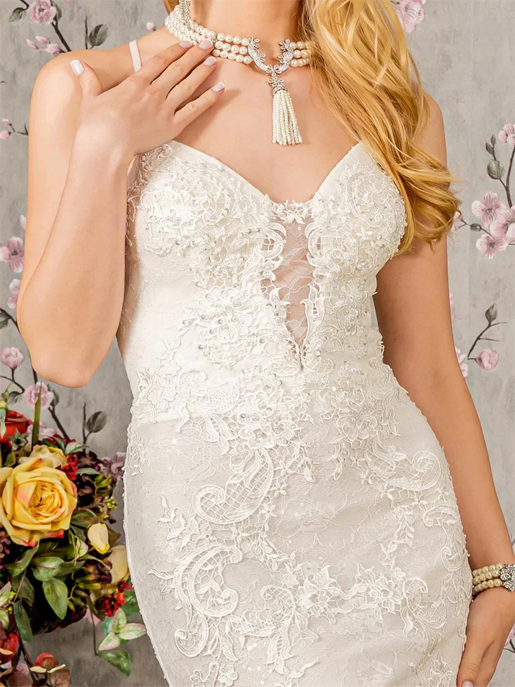 Vestido de casamento sem mangas para a noiva, cintas de espaguete, costas abertas, Lace Up, Sweep Train, elegante, nova chegada, corpo querido