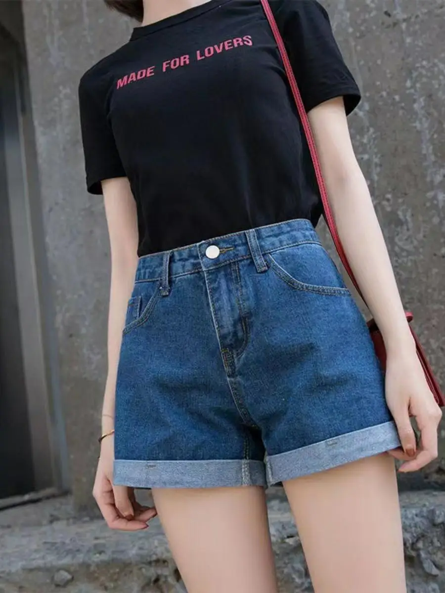 High Waist Black Denim Shorts Women Summer Student Cuffed Loose Slim A-Line Wide Leg Pants Trendy Hot Korean Version
