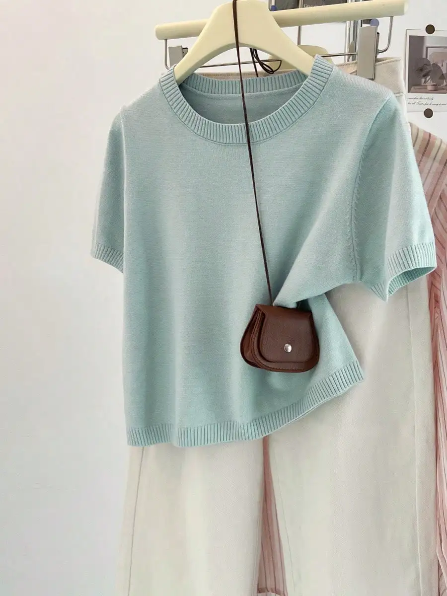 

Light Blue Round Neck Short Sleeve Knit Top Korean Minimalist Elegant Blouse