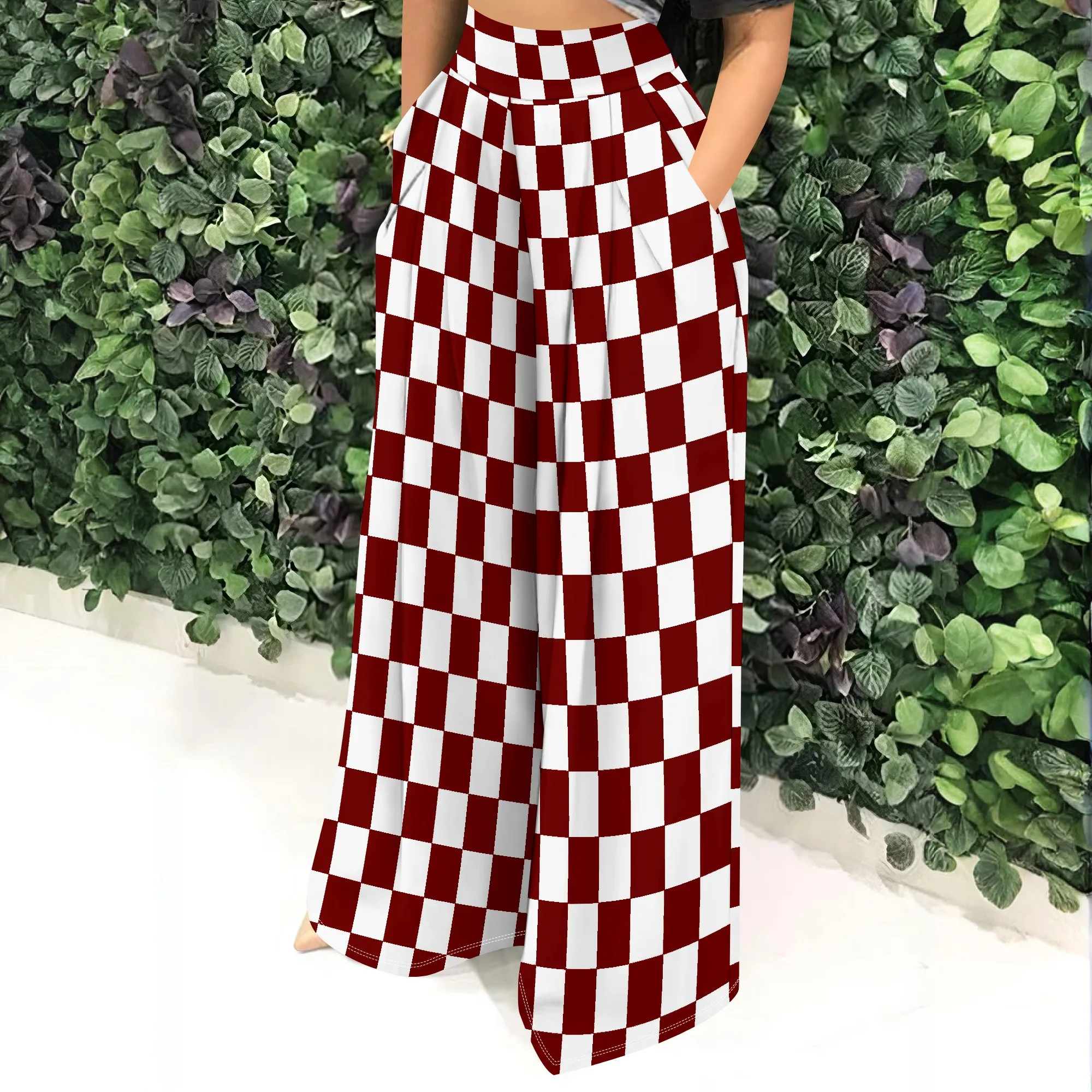 High Waist Wide Leg Pants, Red White Checkerboard Print Trousers, Casual Loose Fit with Pockets, Streetwear for Women, S-2XL