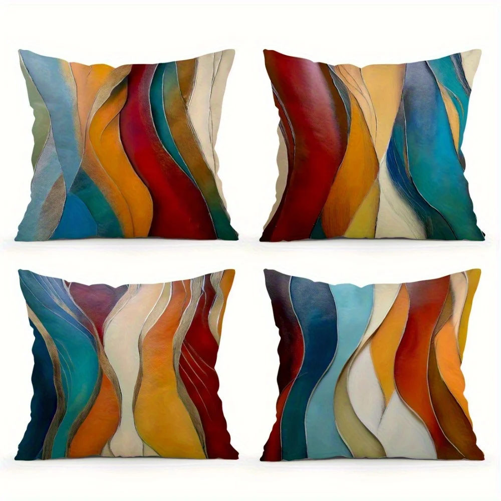 4pcs Colorful wave theme Single-sided printing Short plush Suitable for living rooms bedrooms sofas (excluding pillow cores)