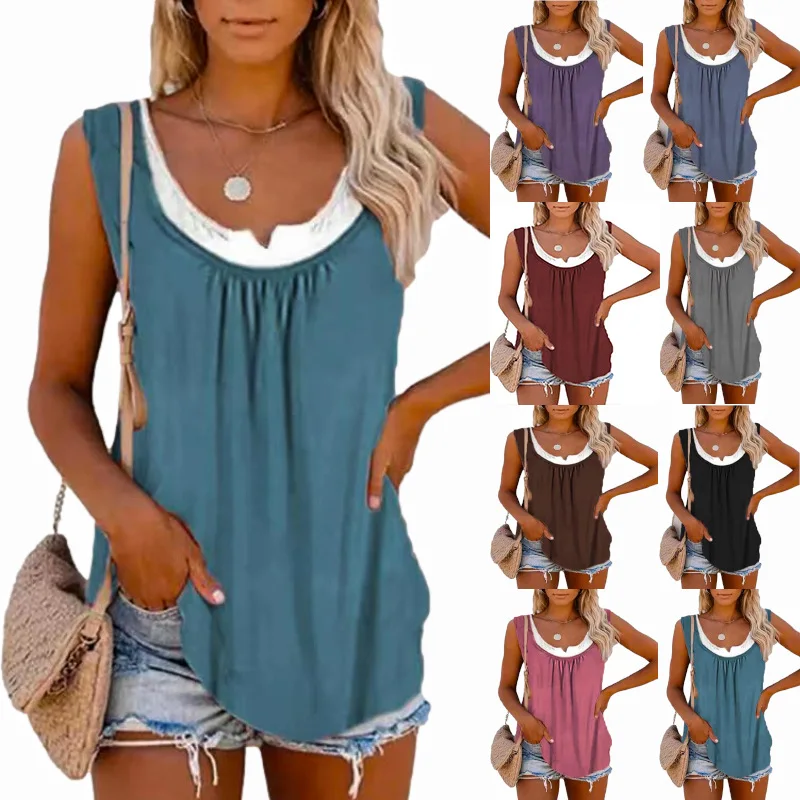 T-shirt Women Summer Solid Color Stitching Sleeveless Fashionable O-neck Fold women's Tshirts Dropshipping Sale SLSM509
