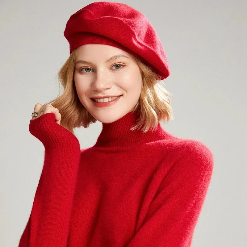 New thickened 100% pure cashmere beret Ladies vintage art painter hat with casual warm hat