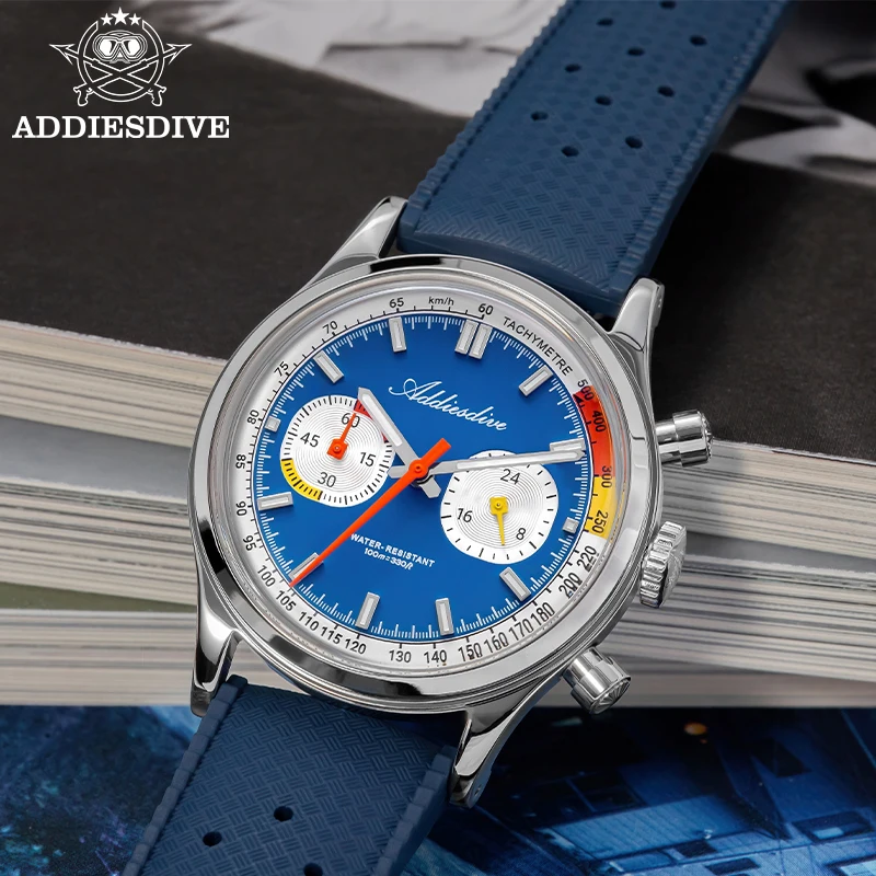 ADDIESDIVE Men's Watch Fluoro Rubber Strap Sweat-Resistant 316L Stainless Steel 10 Bar Water Resistant 0S21 Quartz Chronograph
