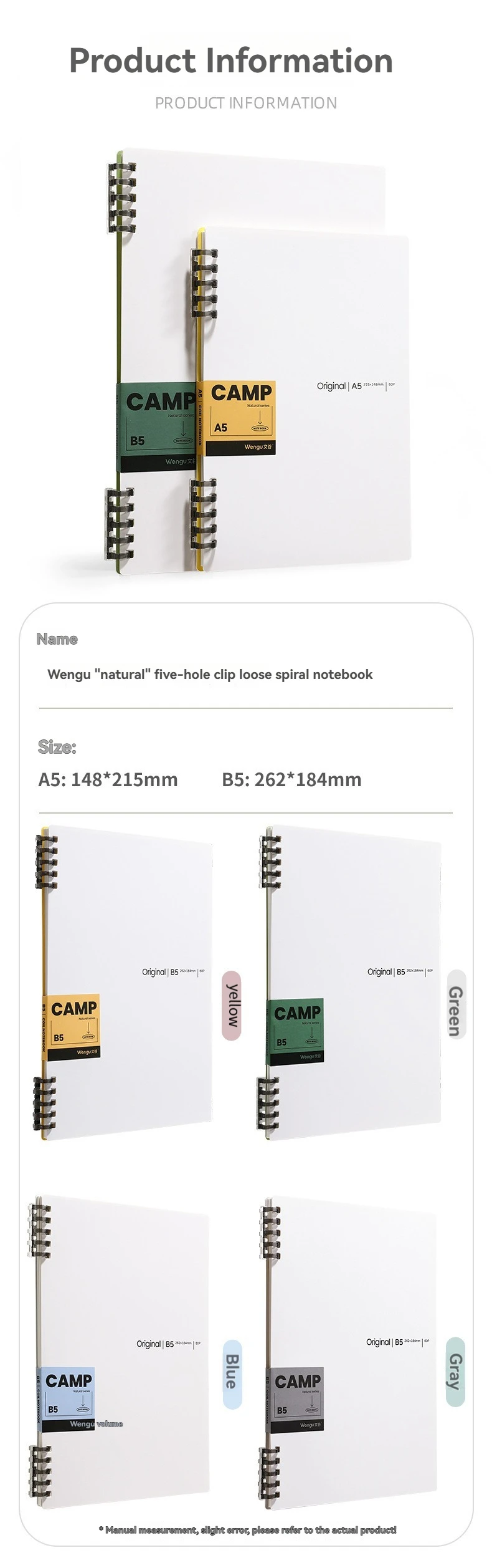 A5/B5 Fünf-Loch-Clip-Notizbuch für lose Blätter, B5, nicht reizend, abnehmbar, einfarbig, minimalistisches A5-Notizbuch, Hartschalen-Spulen-Notizbuch – Detail 19