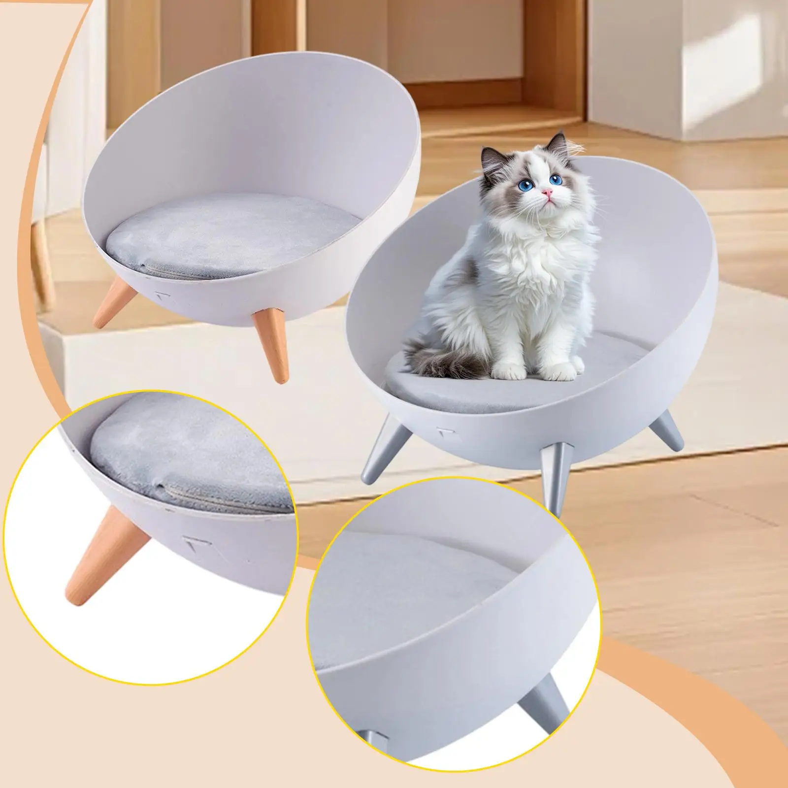 Elevated Cat Bed Raised Pet Bed Hemispherical Cat Furniture Stool Round Nordic Small Dogs Sofa with Removable Cushion - view 6
