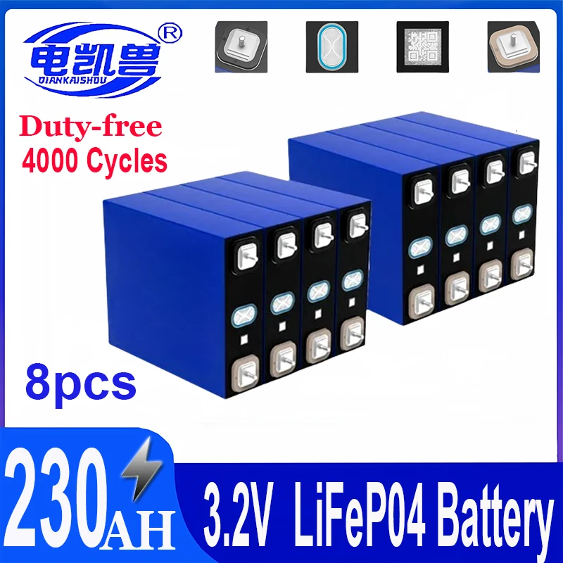 

8 pcs Grade A 230Ah lifepo4 12V 24V 48V Rechargeable battery pack 3.2V 230AH Lithium Iron Phosphate Prismatic Solar Duty-free