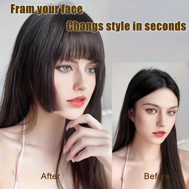 Synthetic Princess cut hair Piece Fringe with Temples Flat Neat Bangs Hair Extension Clip on Bangs for Women